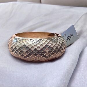 Sequin Cream Gray Snake Skin Pattern Gold Tone Clamper Bangle Bracelet NWT